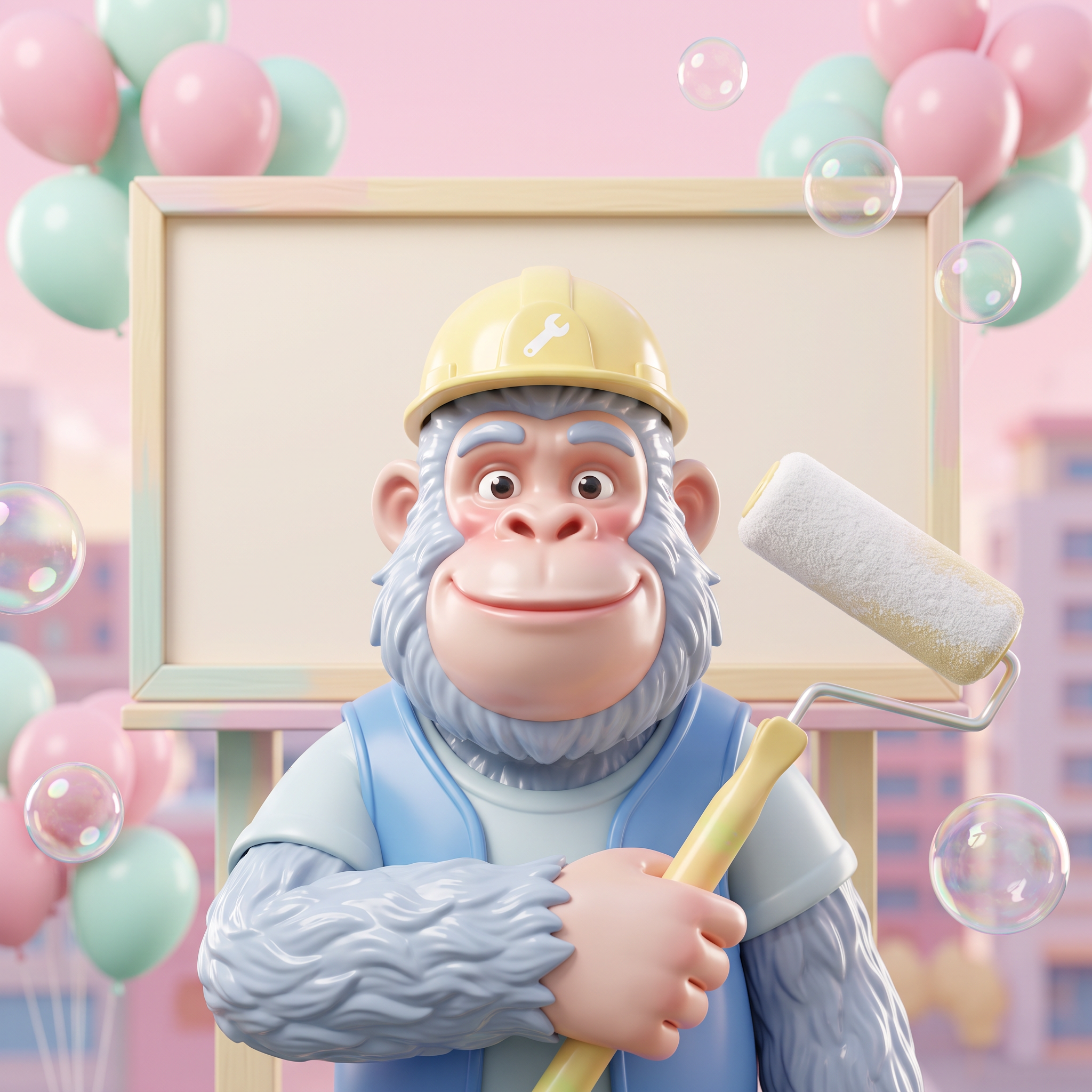 Ape in a hard hat with a paint roller