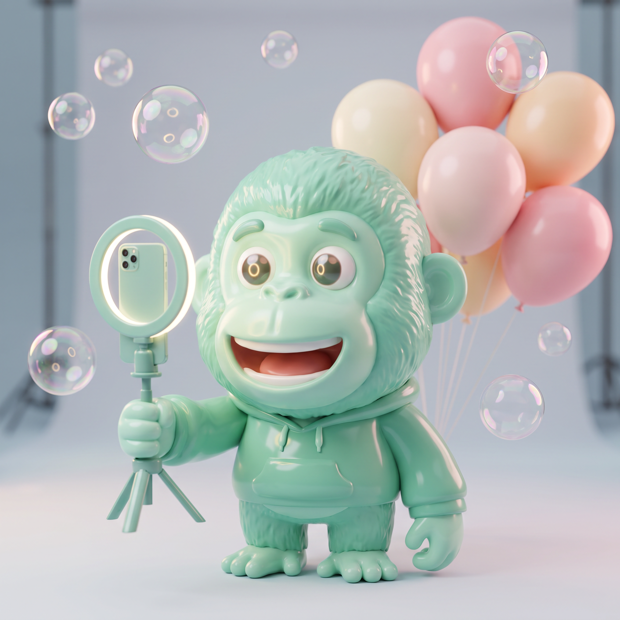 Ape filming itself with a ring light
